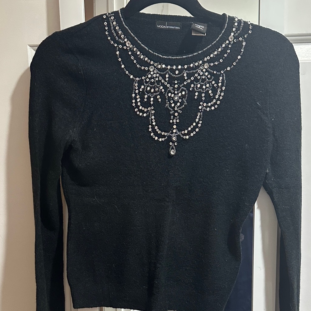 Moda International Black Sweater with Rhinestone Embellishments